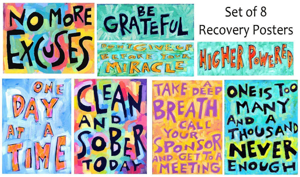 Addiction Recovery Inspirational Wall Art Posters 12 Steps Sober Positive Affirmation Gift (Set of 8)